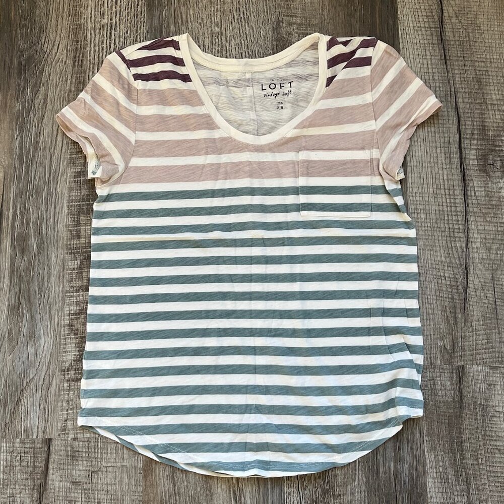 Ann Taylor LOFT Vintage Soft Shirt Striped Pocket Tee Short Sleeve Size XS